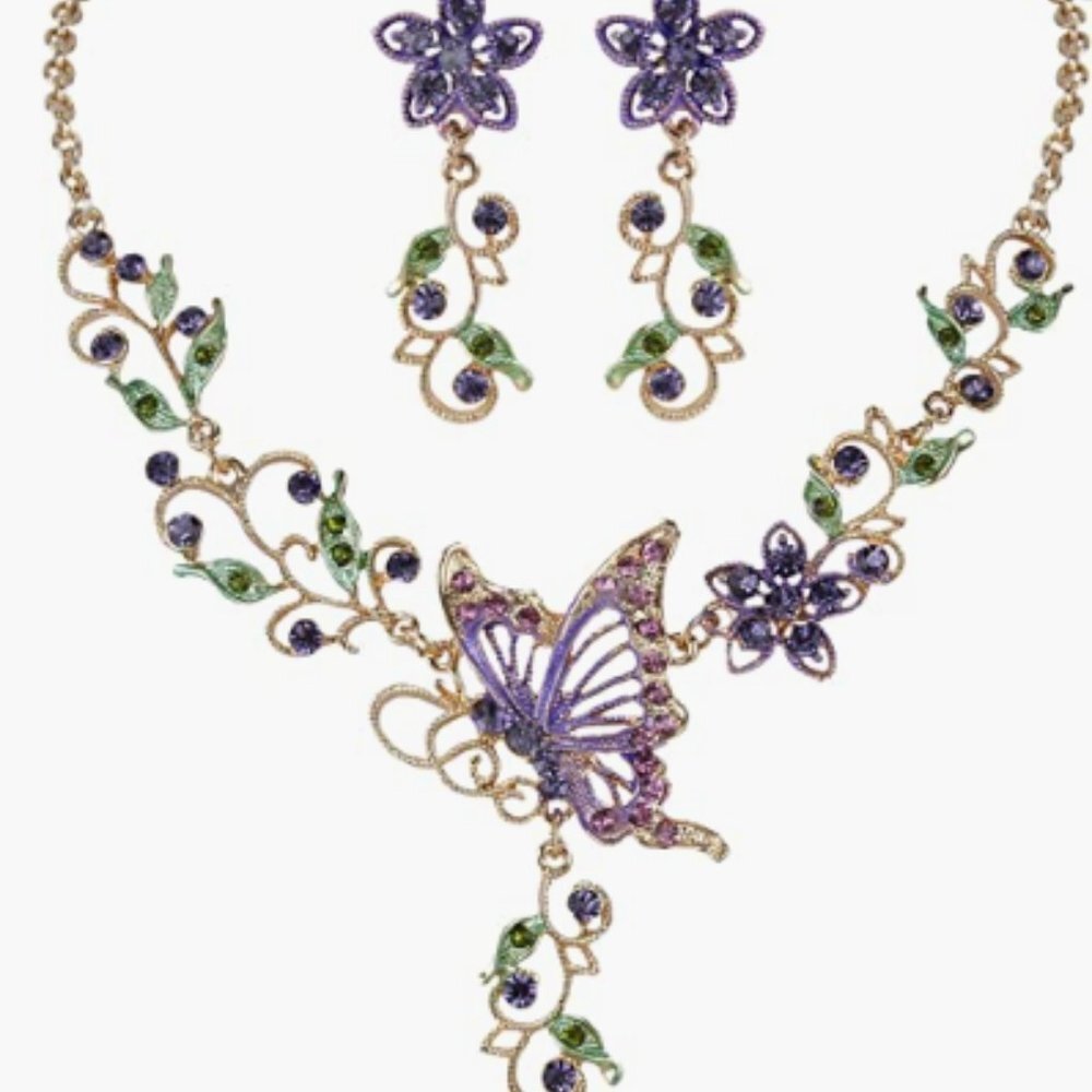 Women's Purple Austrian Crystal Butterfly Flower Necklace Earrings Set